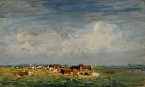 Paisaje de pradera de verano en el IJssel con vista a Hattem de Jan Voerman